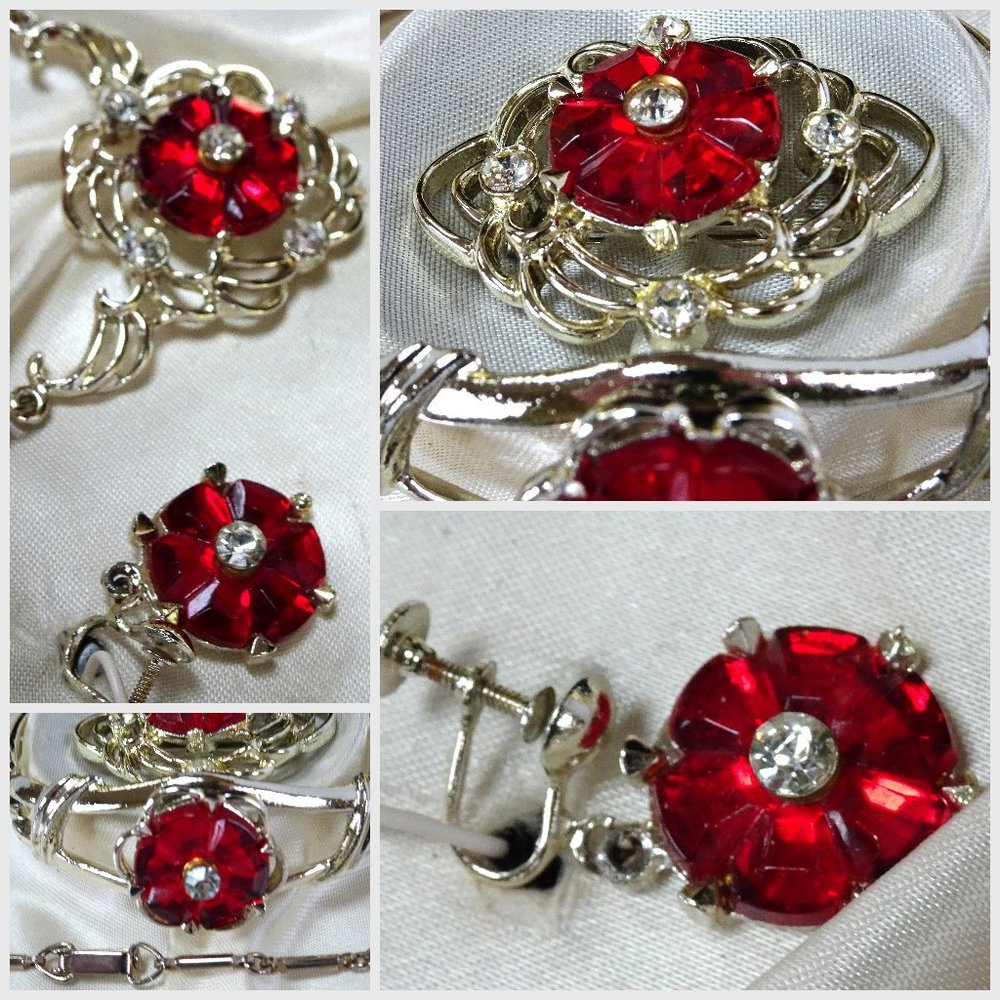 Box Set Vintage LUCIEN Ruby Crystal Necklace Bracelet Earrings Pin Brooch Lot